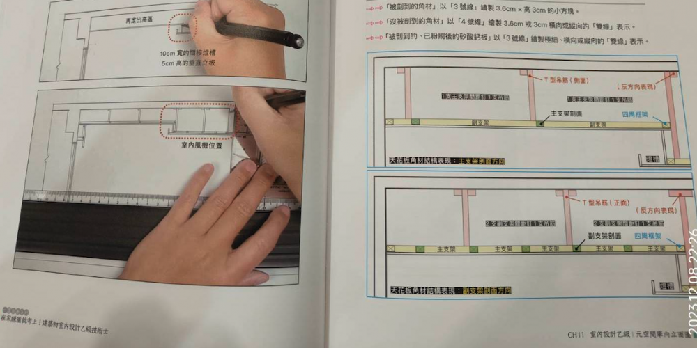 【12500在家練圖就考上】 室內設計乙級技術士-第4冊扎實的天花板、立面圖繪圖基本功 ，不只考證照更要充實核心知識，直接銜接職場接案就業設計能力，擬定各種有、無圖桌的練圖計畫